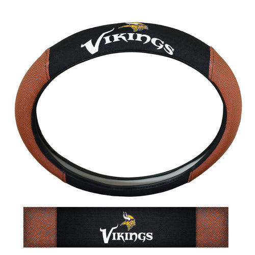 NFL Minnesota Vikings sports grip steering wheel cover by Logo Brands showing a vibrant Vikings logo and textured grip surface.