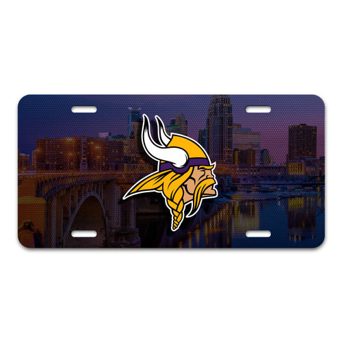 Minnesota Vikings flat metal license plate with team logo and colors, great for car or home decor.