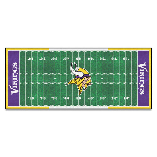 Minnesota Vikings football field runner mat by Logo Brands, featuring team logo and vibrant turf design for sports decor.