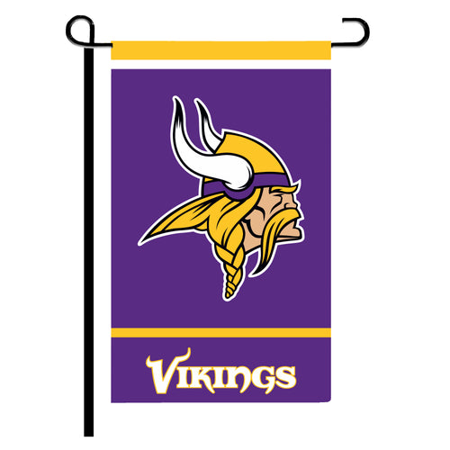 Minnesota Vikings garden flag featuring team logo and colors, measuring 12x18 inches, by Logo Brands.