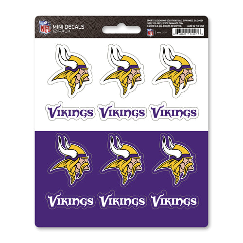 Set of 12 Minnesota Vikings mini decals featuring team logos, ideal for decorating personal items or accessories.