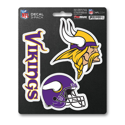 Set of three Minnesota Vikings decal stickers featuring team logos, ideal for decorating laptops, water bottles, or cars.