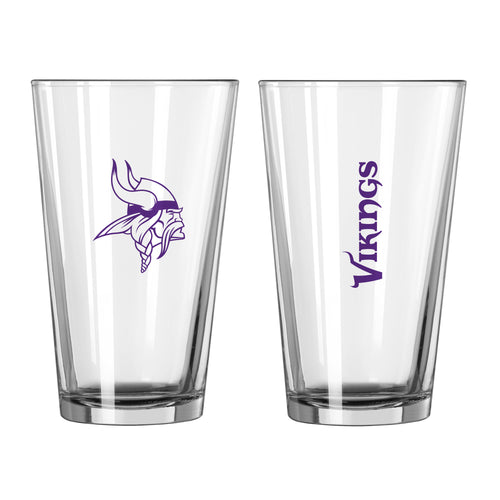 Minnesota Vikings 16oz Gameday pint glass with team logo and vibrant Vikings graphics, perfect for game day beverage enjoyment.