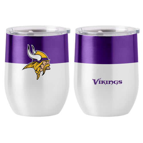 Minnesota Vikings 16oz colorblock stainless steel curved beverage mug with team logo and vibrant blue and purple design.
