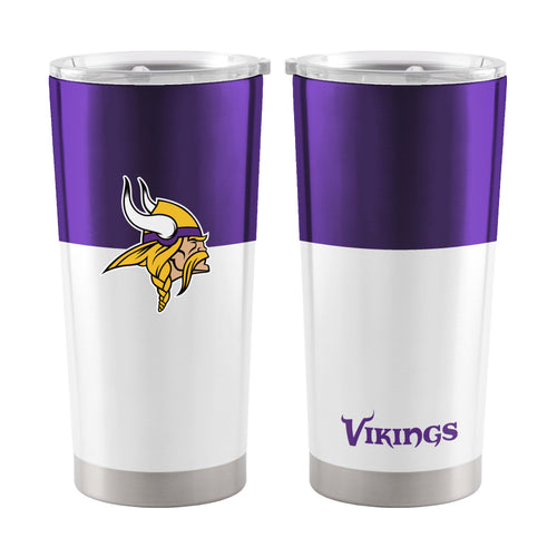 Minnesota Vikings 20oz colorblock stainless steel tumbler with team logo and vibrant blue and purple design for fans.