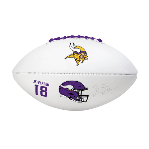 Full-size Minnesota Vikings Justin Jefferson autograph football with Logo Brands recreation logo and team design.