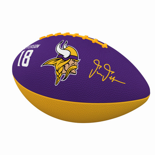 Junior size rubber football featuring Minnesota Vikings Justin Jefferson logo, ideal for recreation and casual play.