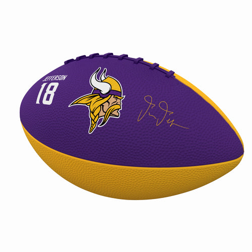 Mini rubber football featuring Justin Jefferson from the Minnesota Vikings, designed for recreation and play.