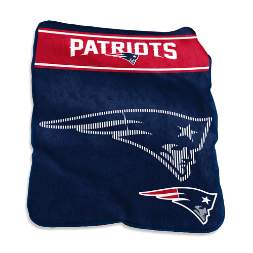 New England Patriots 60x80 raschel throw blanket by Logo Brands, featuring team logo and vibrant Patriots colors.