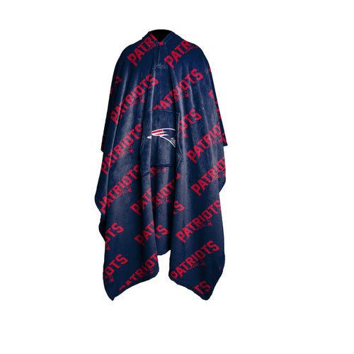 New England Patriots wearable throw blanket by Logo Brands with team logo and cozy fabric for NFL fans.
