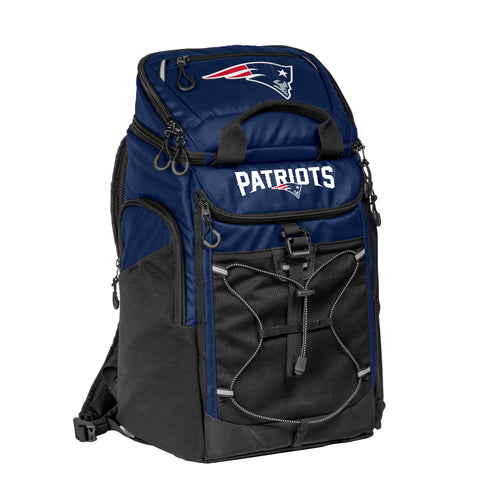 New England Patriots 26-can backpack cooler by Logo Brands, featuring insulated main compartment and adjustable shoulder straps.