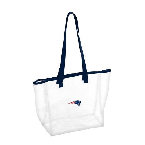 Clear tote bag featuring the New England Patriots logo, designed for stadium security, made by Logo Brands.