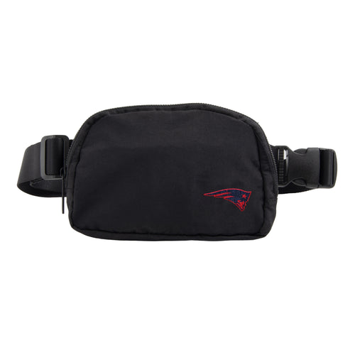 New England Patriots belt bag by Logo Brands, black fabric with team logo and adjustable strap, casual accessory for fans.