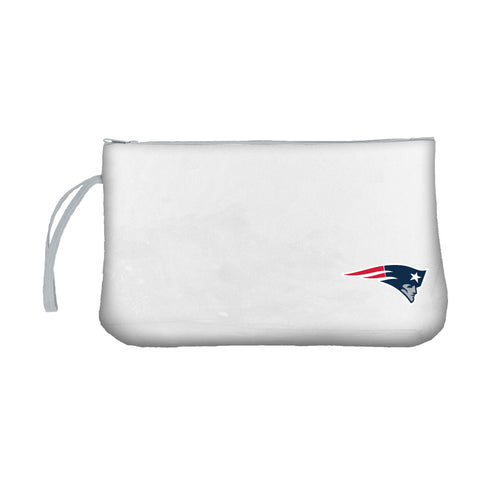 Clear wristlet bag featuring New England Patriots logo and branding, perfect for game day accessories.