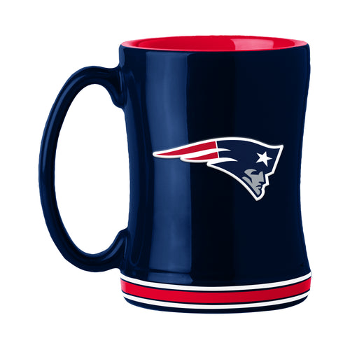 New England Patriots 14oz relief mug featuring team logo, durable ceramic drinkware for Patriots fans