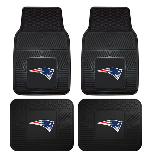 NFL New England Patriots 4-piece vinyl car mat set featuring team logo and black background for vehicle interior.