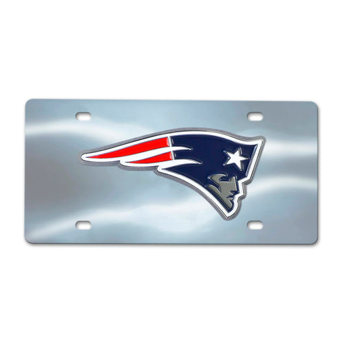 Chrome diecast New England Patriots license plate with team logo and branding, designed for car or wall display.