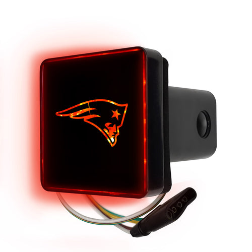 NFL New England Patriots lighted hitch cover, durable metal accessory with team logo for vehicle trailer hitch.