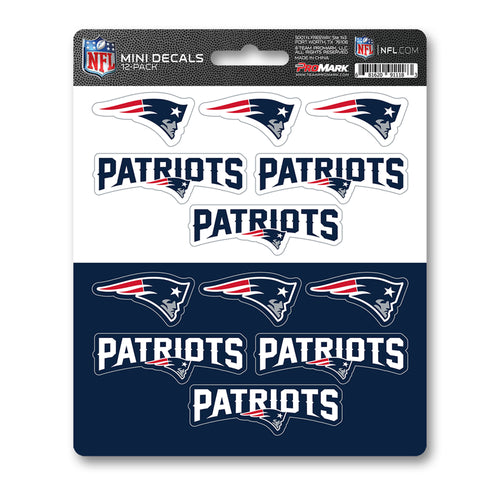 Set of 12 New England Patriots mini decals featuring team logo designs, perfect for fans and decorating surfaces.