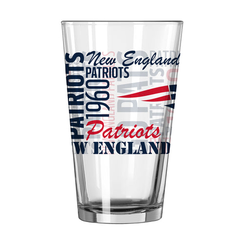 New England Patriots 16oz Spirit Pint Glass featuring team logo and design, perfect for fan drinkware and collectibles.