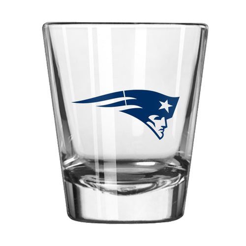 New England Patriots 2oz Gameday shot glass, clear drinkware with team logo, perfect for fans and celebrations.