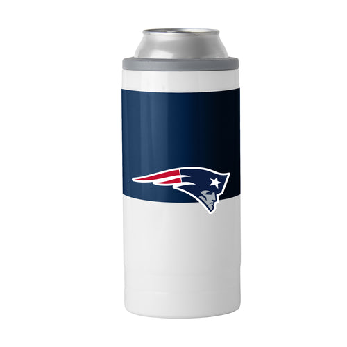 New England Patriots colorblock 12oz slim can cooler by Logo Brands, featuring team colors and logo for beverage insulation.