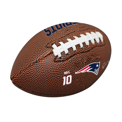 New England Patriots mini composite football featuring Drake Maye, recreation size, by Logo Brands.