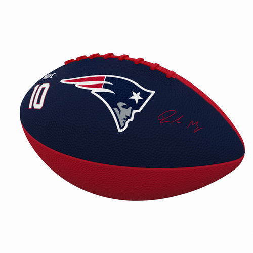 Mini rubber football featuring New England Patriots logo and Drake Maye player image, perfect for recreational play.