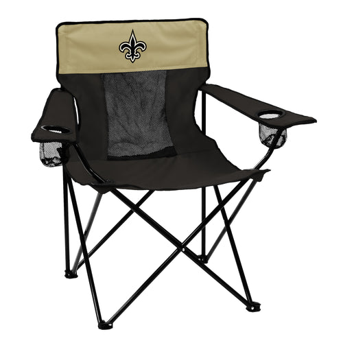 New Orleans Saints Elite chair by Logo Brands showing black and gold team logo on a comfortable sports furniture seat