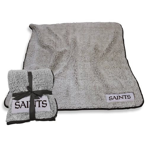 New Orleans Saints Frosty Fleece blanket by Logo Brands, showing the soft, cozy NFL team fleece with Saints logo and team colors.