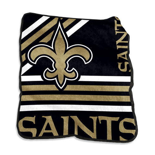 New Orleans Saints Raschel throw blanket by Logo Brands, featuring team logo and colors, soft and cozy for fans.