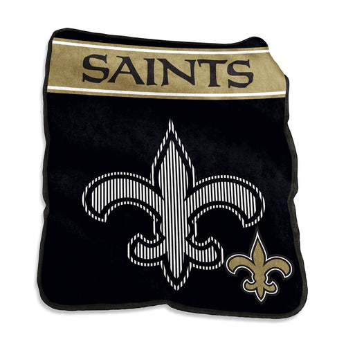 New Orleans Saints 60x80 Raschel throw blanket by Logo Brands, soft and cozy NFL team blanket with Saints logo design.