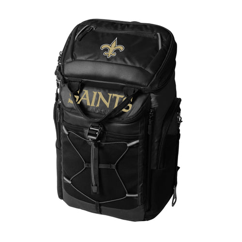 New Orleans Saints 26 Can backpack cooler by Logo Brands, featuring team logo and insulated interior for beverages.