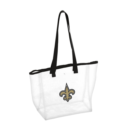 Clear tote bag for New Orleans Saints stadium, branded Logo Brands, featuring team logo and durable transparent design.