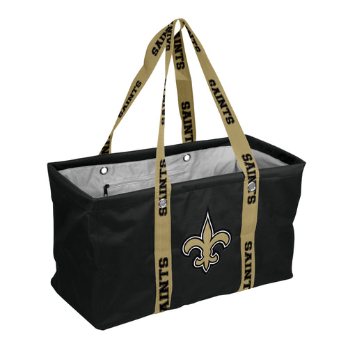 New Orleans Saints picnic caddy bag with adjustable strap, featuring team logo and multiple compartments for outdoor gatherings.