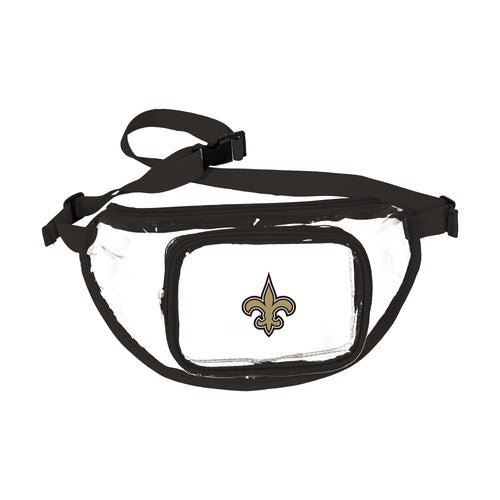 Clear fanny pack featuring New Orleans Saints logo and team colors, ideal for sports events and everyday use.