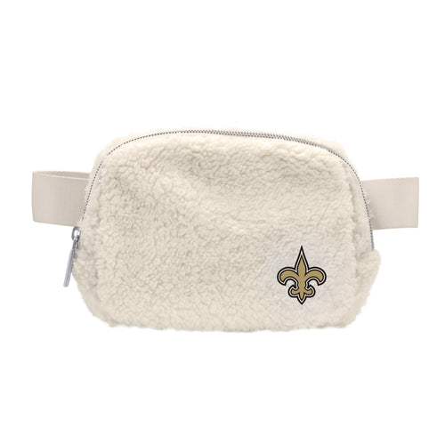 New Orleans Saints Sherpa belt bag by Logo Brands showing a cozy, stylish bag with team logo and adjustable strap for fans.