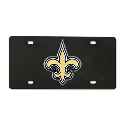 Black New Orleans Saints diecast license plate with team logo, designed for vehicle decoration by Logo Brands.
