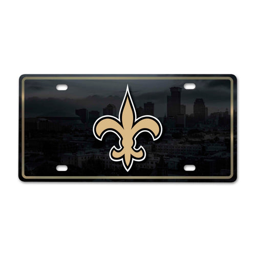 New Orleans Saints flat metal license plate with team logo and black background, designed by Logo Brands.