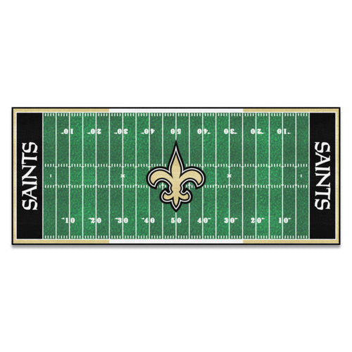 New Orleans Saints football field runner mat with team logo and NFL branding, ideal for sports-themed room decor.