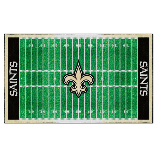 New Orleans Saints NFL logo rug 6x10 feet with team logo and vibrant colors, perfect for game rooms or fan spaces.