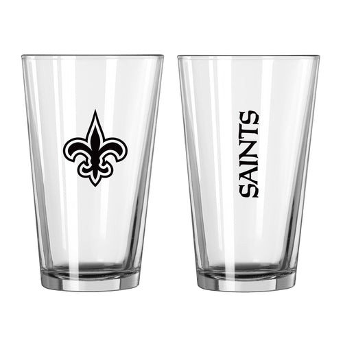 New Orleans Saints 16oz Gameday pint glass with team logo, perfect for game day drinkware and fan celebrations.