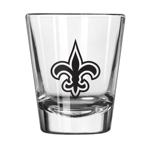 New Orleans Saints 2oz Gameday shot glass featuring team logo, ideal for fans and drinkware collection.