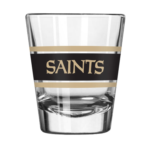 New Orleans Saints 2oz stripe shot glass from Logo Brands, featuring team colors and logo, perfect for sports fans.