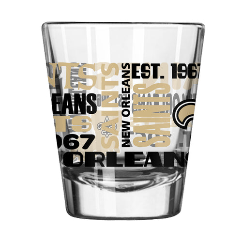 New Orleans Saints 2oz Spirit Shot Glass from Logo Brands, featuring team logo on clear drinkware.