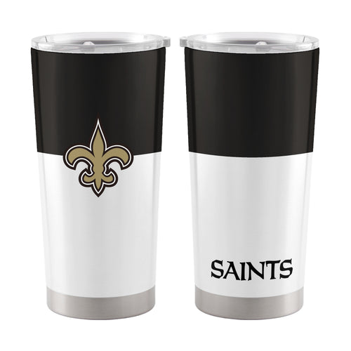 New Orleans Saints colorblock 20oz stainless steel tumbler with team logo and black, gold, and white design for fans and drinkware.