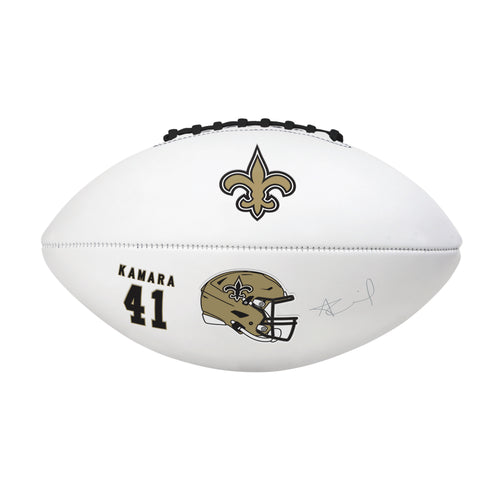 Recreation football featuring New Orleans Saints Alvin Kamara's full autograph, with Logo Brands logo visible.