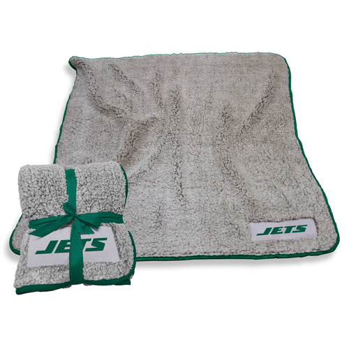New York Jets Frosty Fleece blanket by Logo Brands featuring team logo and vibrant Jets colors on soft fleece fabric.