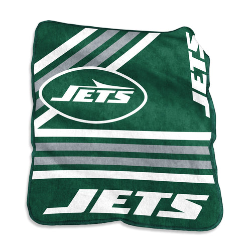 New York Jets Raschel throw blanket by Logo Brands featuring team logo and vibrant Jets colors, soft and cozy for fans.