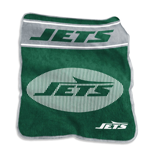 New York Jets 60x80 Raschel Throw blanket by Logo Brands, featuring team logo and vibrant colors, perfect for Jets fans.